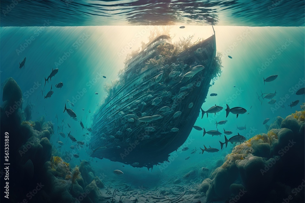 Poster a large boat is submerged in the water with many fish around it and a light shining on the bottom of