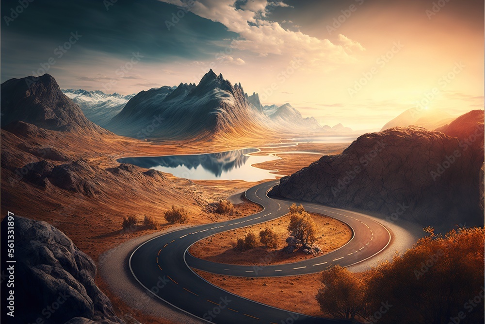 Poster a painting of a winding road in the mountains with a lake in the middle of it and a mountain range i