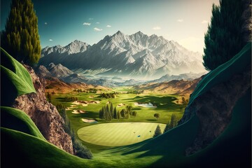 Fototapeta premium a painting of a golf course in the mountains with a view of the green and the mountains in the distance with a few trees on the left side of the picture and a mountain with a. generative ai