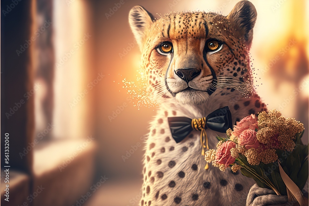 Poster a cheetah with a bow tie and a bouquet of flowers in his hand is looking at the camera while standin