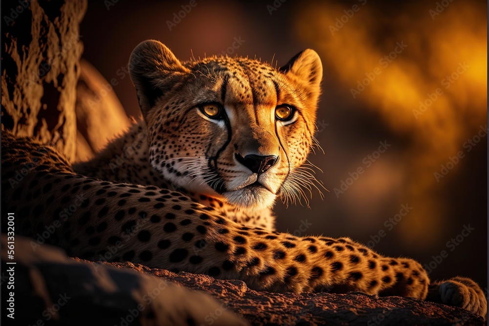 Poster a cheetah is sitting on a rock looking at the camera with a blurry background of the image in the ba