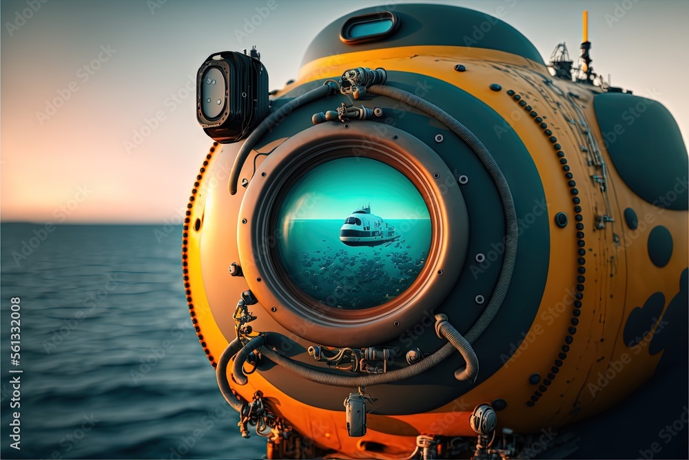 Poster a submarine with a submarine camera attached to it's side in the ocean with a boat in the distance i