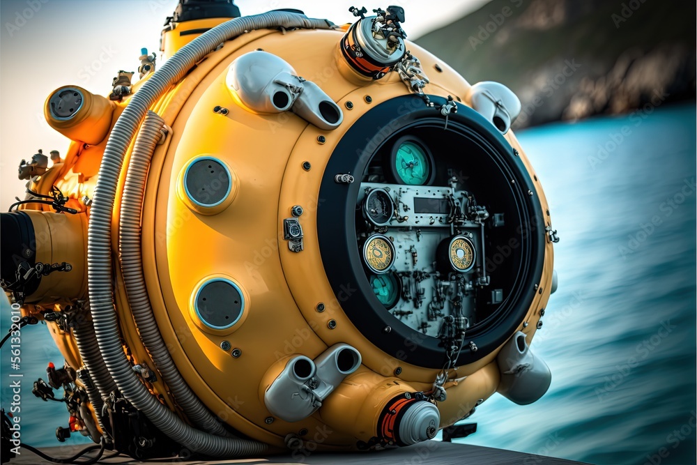 Poster a yellow diving device with a large amount of water around it's edges and a mountain in the backgrou