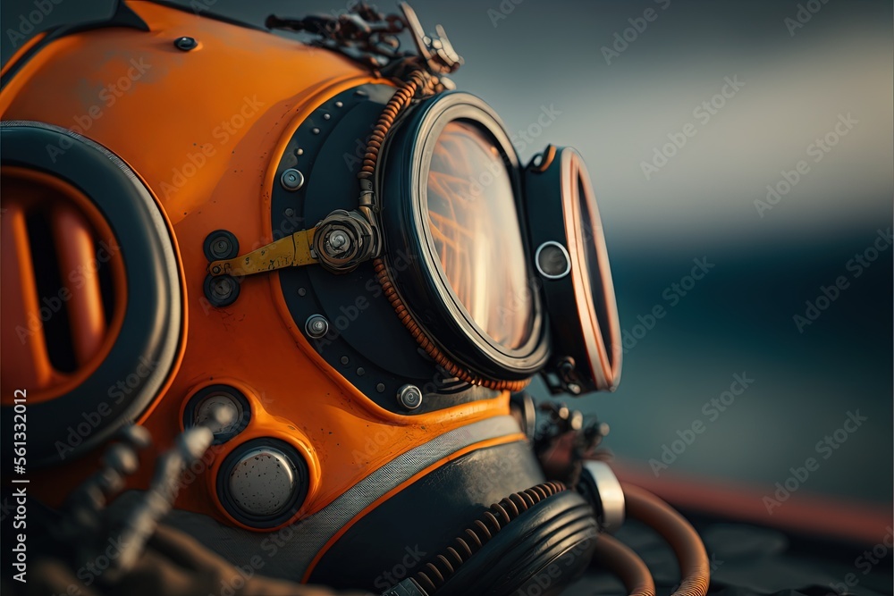 Poster a diving mask with a clock on it's side sitting on a table top with a black background and a blurry 