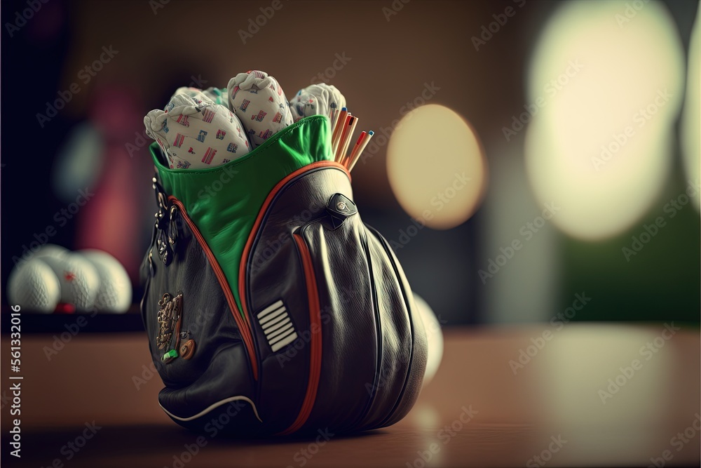Poster a bag of golf balls sitting on a table with a blurry background of the ball field in the background 