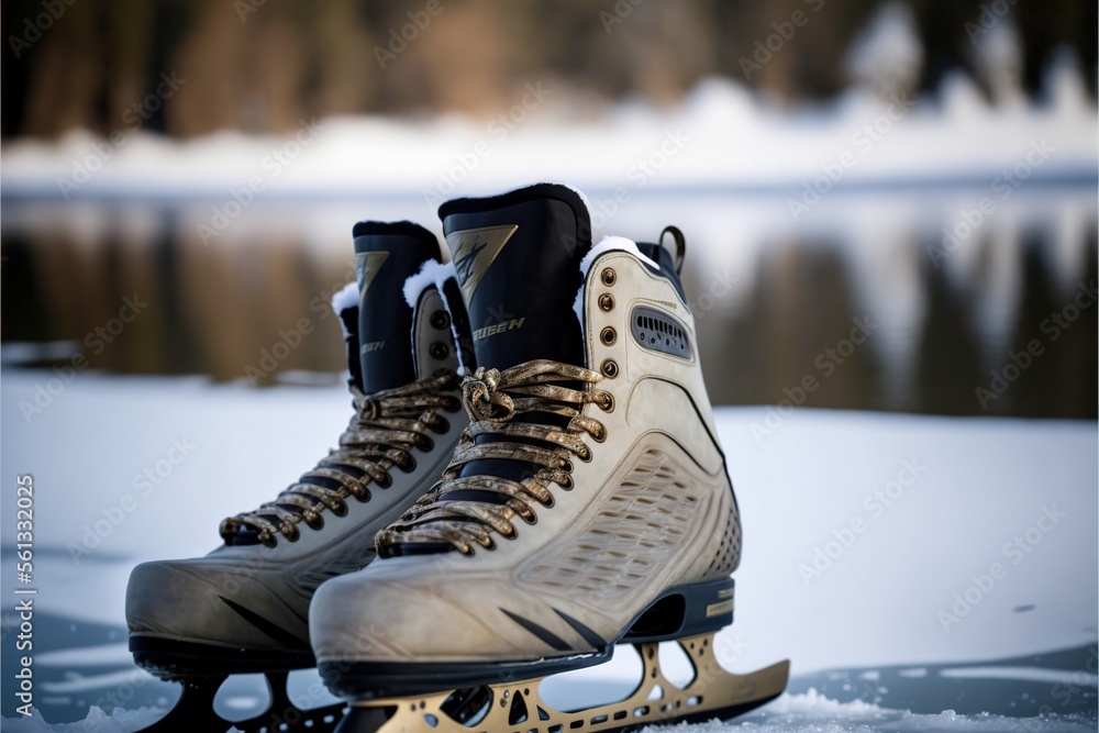 Poster a pair of ice skates sitting on top of snow covered ground next to a lake and trees in the backgroun