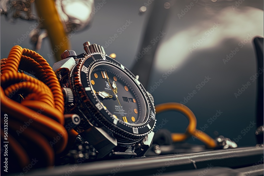 Poster a watch sitting on top of a table next to a yellow hose and a yellow hose holder with a black watch 