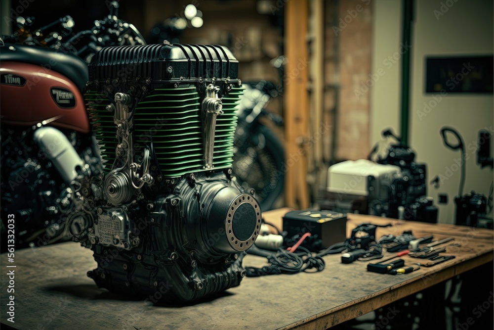 Poster a motorcycle engine sitting on top of a wooden table next to a motorcycle engine and other tools on 