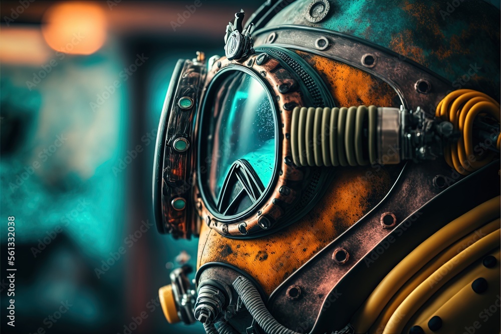 Poster a diving mask with a yellow and black mask on it's face and a blue background with a green light beh