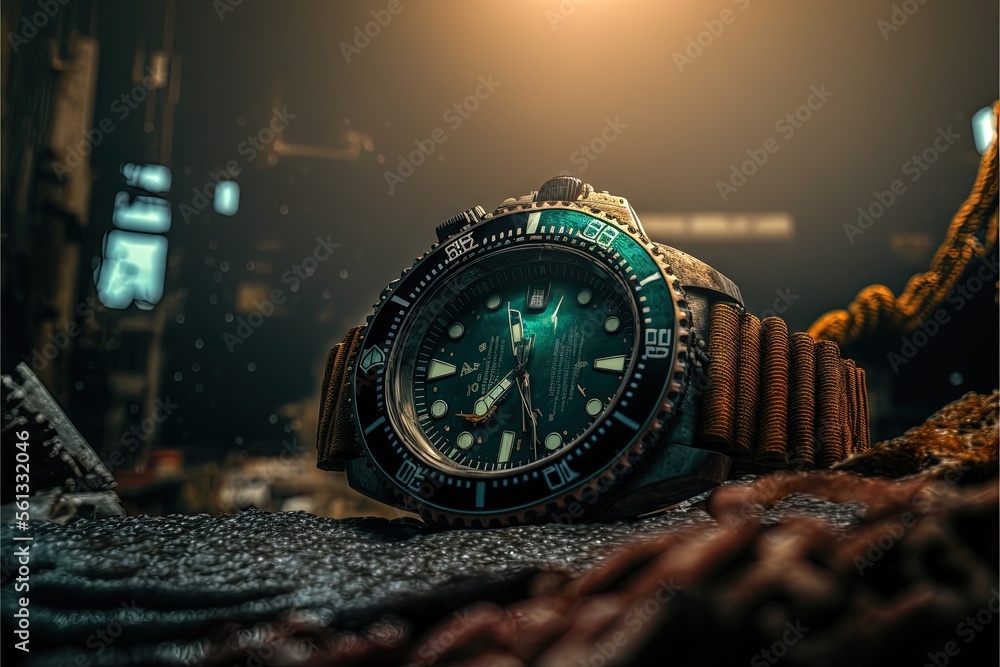 Poster a watch sitting on a table in the dark with a city in the background at night time with a bright lig