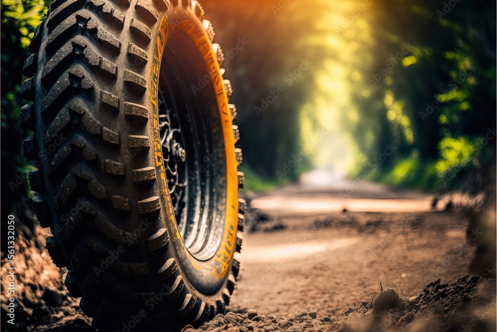 Poster a tire on a dirt road in the woods with the sun shining through the trees behind it and a path in th
