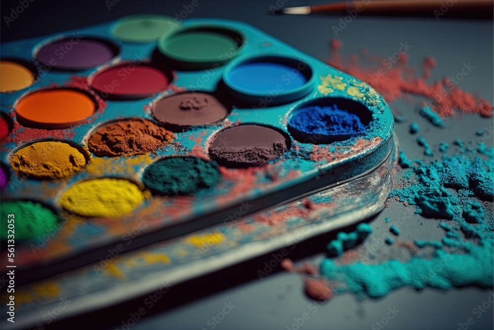 Poster a palette of paint with a brush on top of it and a palette of colored powders on the table next to i