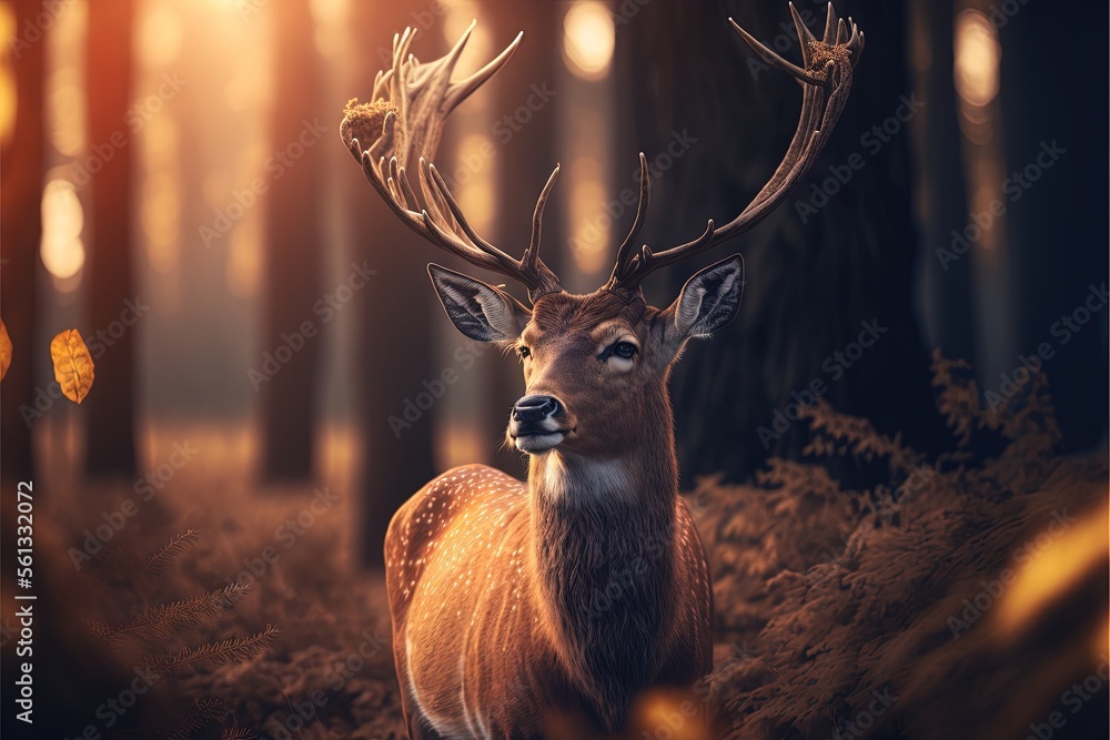 Poster a deer standing in a forest with a butterfly flying by it's mouth and a sunbeam in the background wi