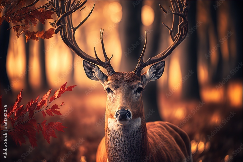 Aufkleber a deer with antlers standing in a forest with red leaves on the ground and a tree with red leaves in