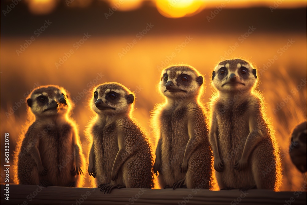Poster a group of meerkats standing in a row in front of a sunset sky and grass field with the sun shining 