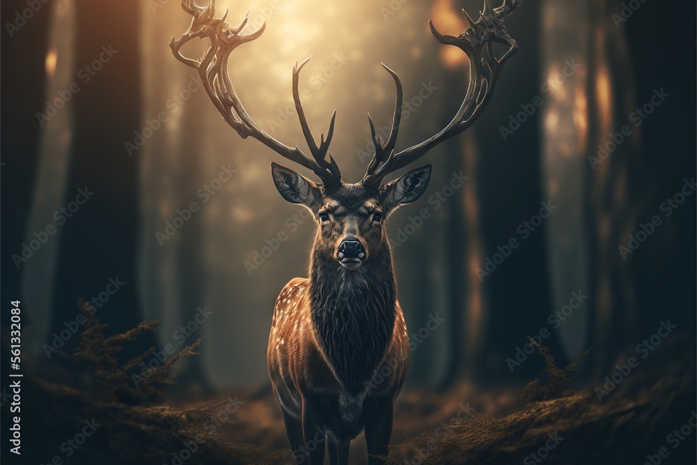 Poster a deer standing in a forest with a sun shining through the trees behind it and a deer with antlers o