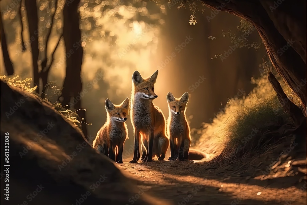 Poster a group of foxes standing on a dirt road in the woods at sunset or dawn with a light coming through 