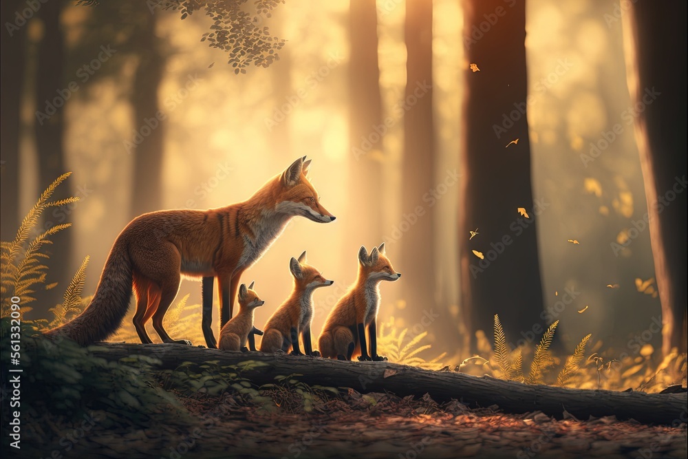 Poster a group of foxes standing in a forest at sunset with a baby one in the foreground and a larger one i