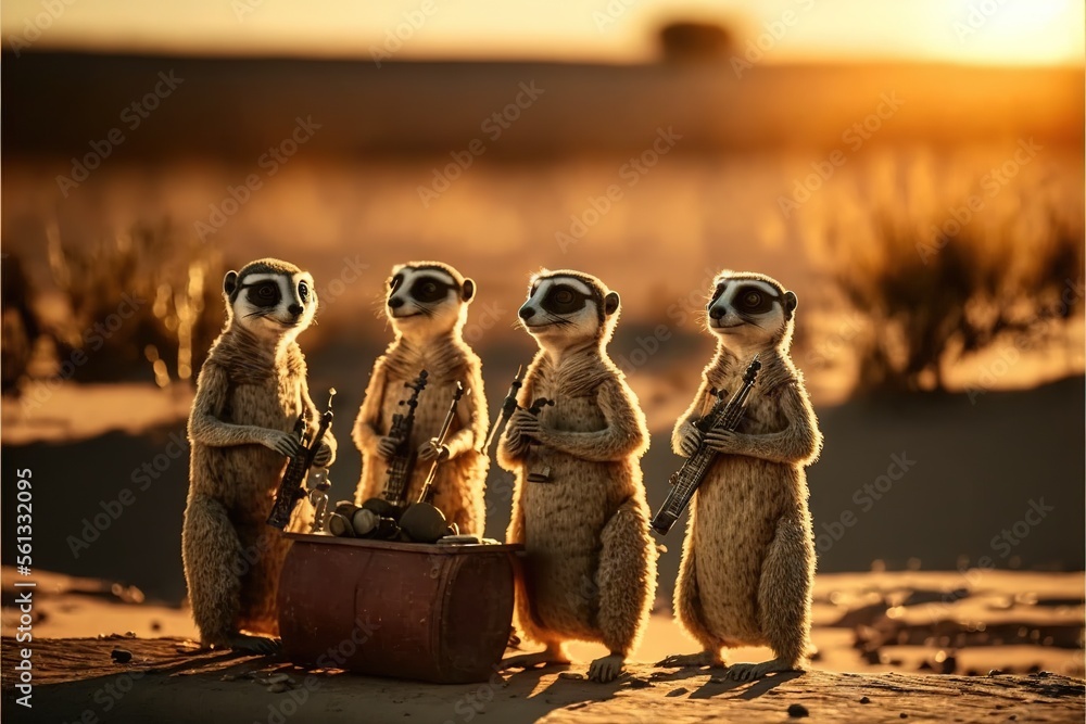 Poster a group of meerkats standing around a suitcase in the desert at sunset with the sun setting behind t