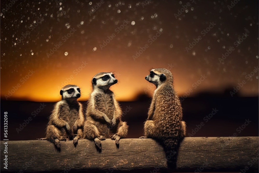 Poster three meerkats sitting on a log looking at the stars in the sky above them, with a dark background o