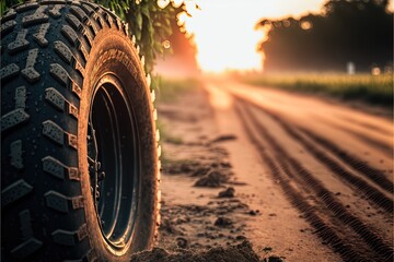  a tire on a dirt road with a sunset in the background and a field in the foreground with a tractor tire on the side of the road and a tractor tire on the right. generative ai