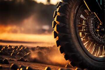  a motorcycle tire is blowing up dust on the ground as it drives down the road in the sunset or sunrise or sunset, with a blurry background of the sun and a few clouds. generative ai
