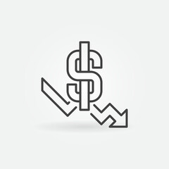 Obraz premium Dollar with Falling Arrow Inflation or Hyperinflation vector concept linear icon