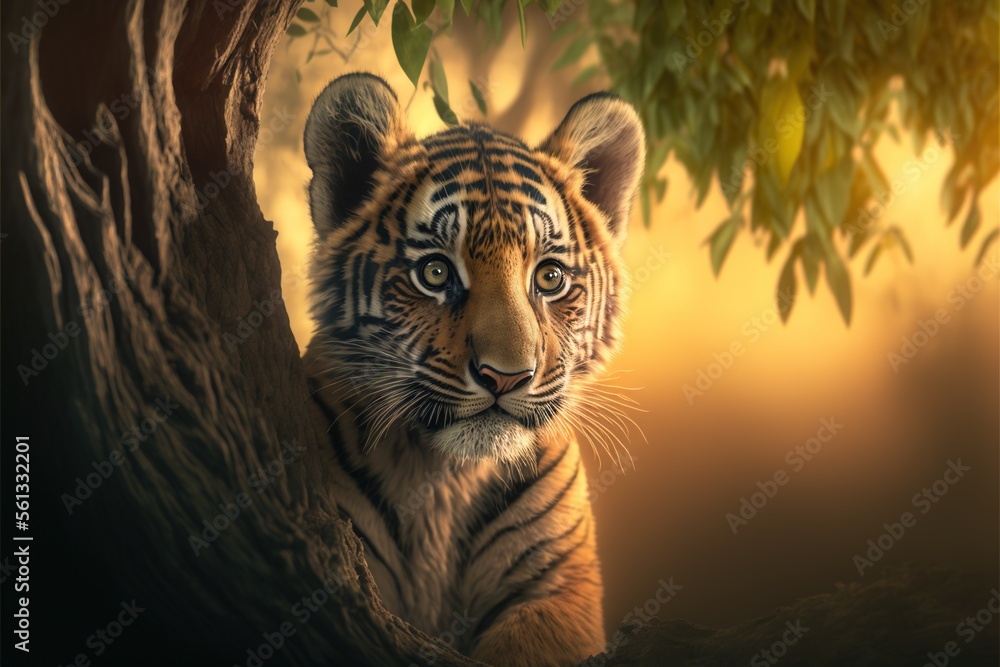 Poster a tiger is sitting in a tree looking at the camera with a blurry background of leaves and branches o