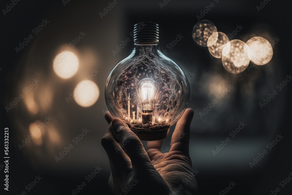 Aufkleber a person holding a light bulb in their hand with a blurry background of lights in the background and