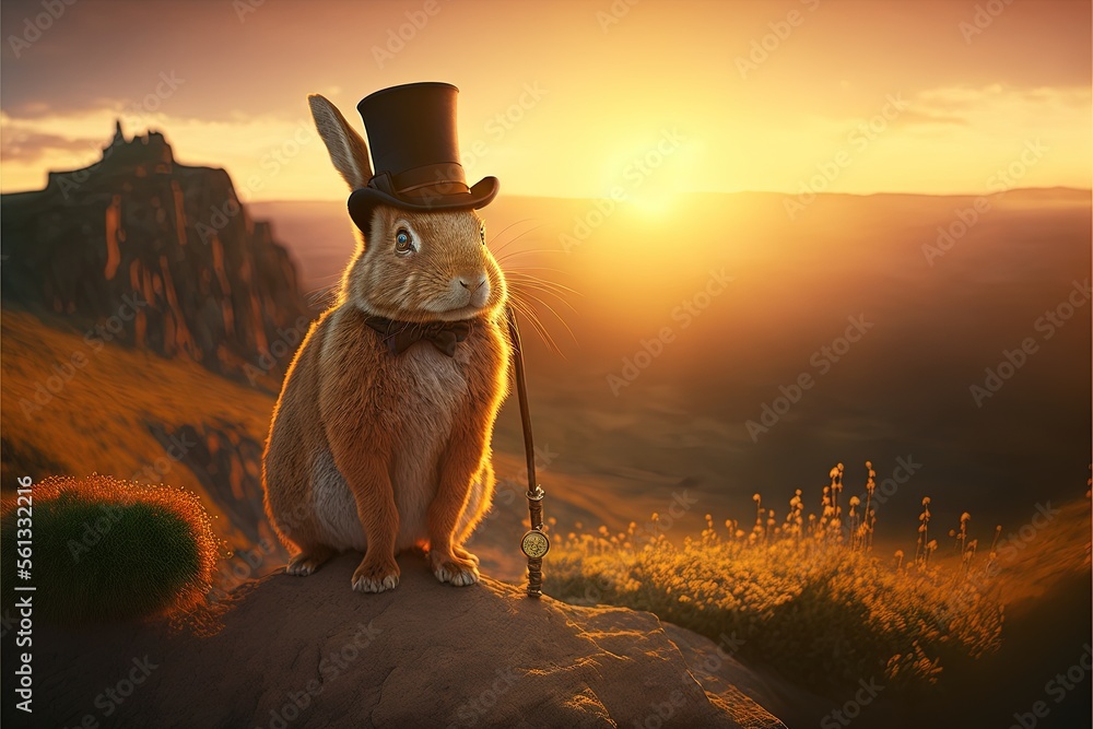 Poster a rabbit with a top hat and a leash on a hill at sunset with a sunset in the background and a mounta