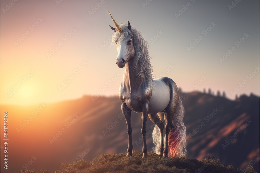 Poster a unicorn standing on a hill with a sunset in the background and a mountain in the foreground with t