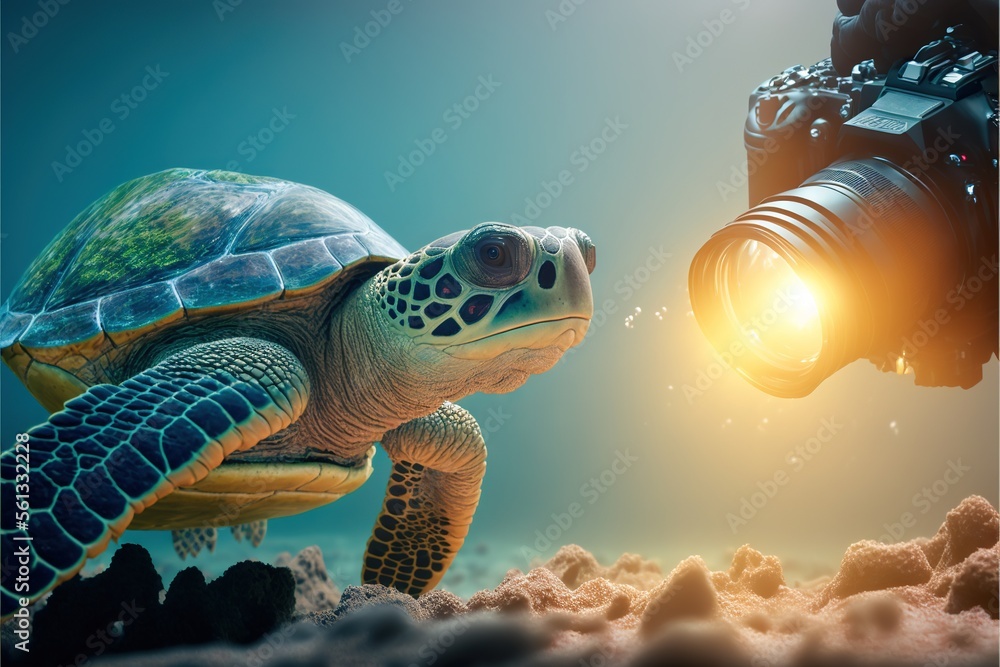 Poster a camera and a turtle in the water with a light on it's head and a lens in the background that is al