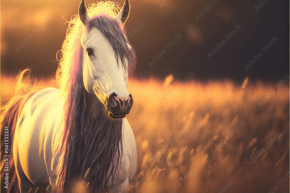 Poster a horse with a long mane standing in a field of tall grass at sunset with a yellow sky in the backgr