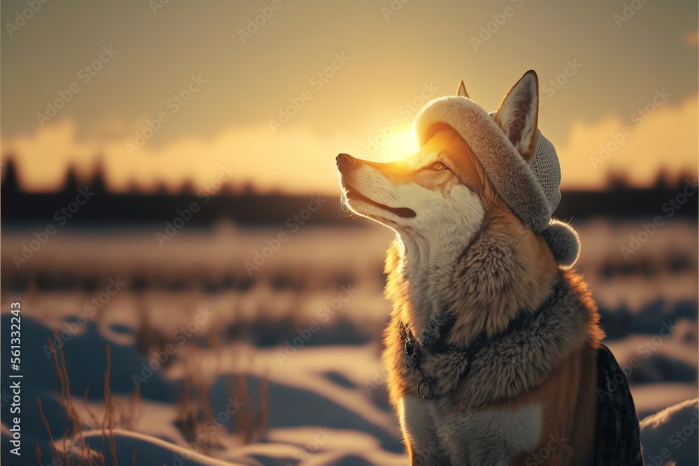 Poster a dog with a hat on standing in the snow at sunset with the sun shining through the clouds behind it