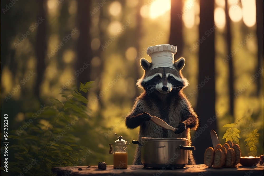 Poster a raccoon is cooking in a pot in the woods with a spoon in it's mouth and a jar of honey on the tabl