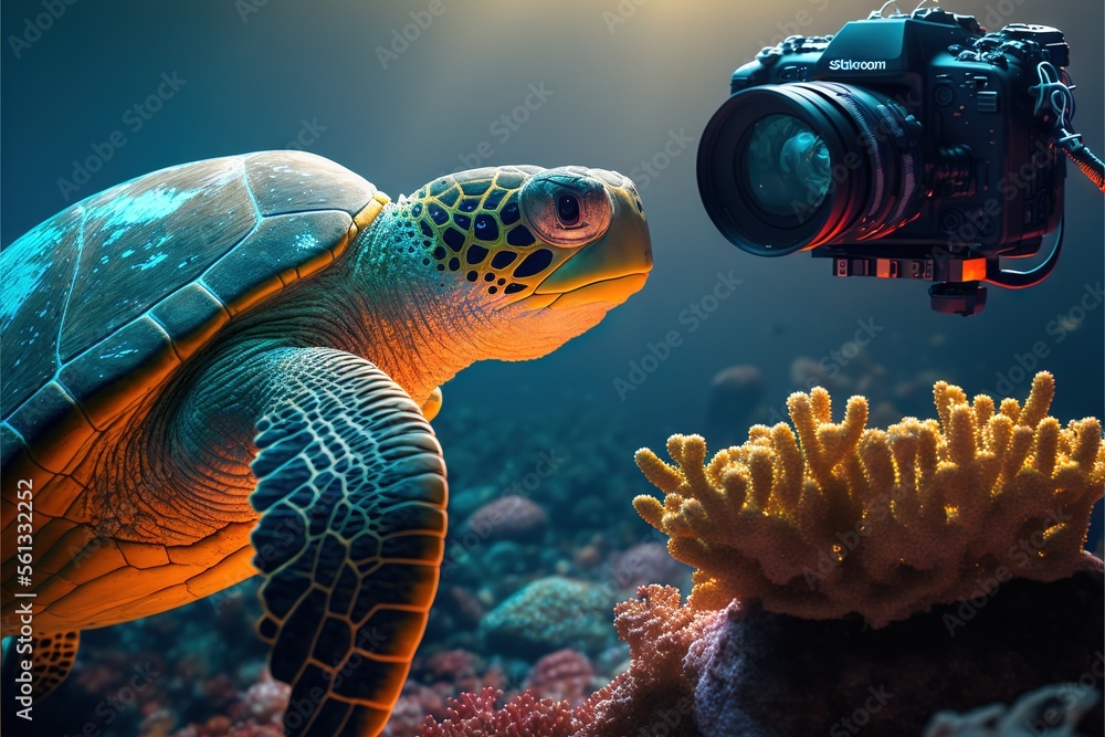 Poster a camera is attached to a turtle in a coral reef with corals and seaweed in the foreground and a cam