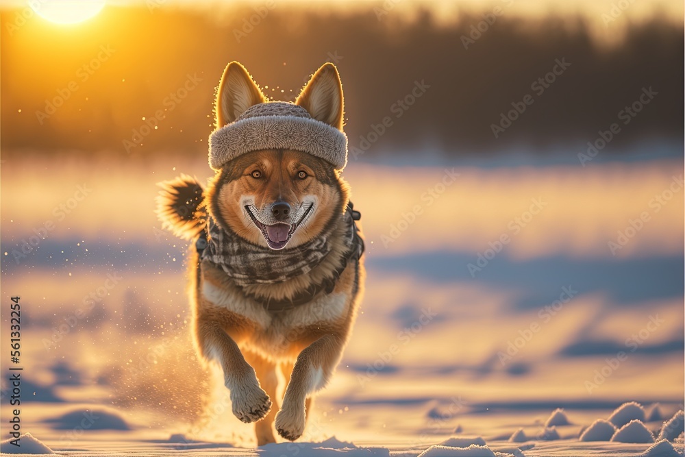 Poster a dog running through the snow in a hat and scarf with a sun in the background and a snowy field wit