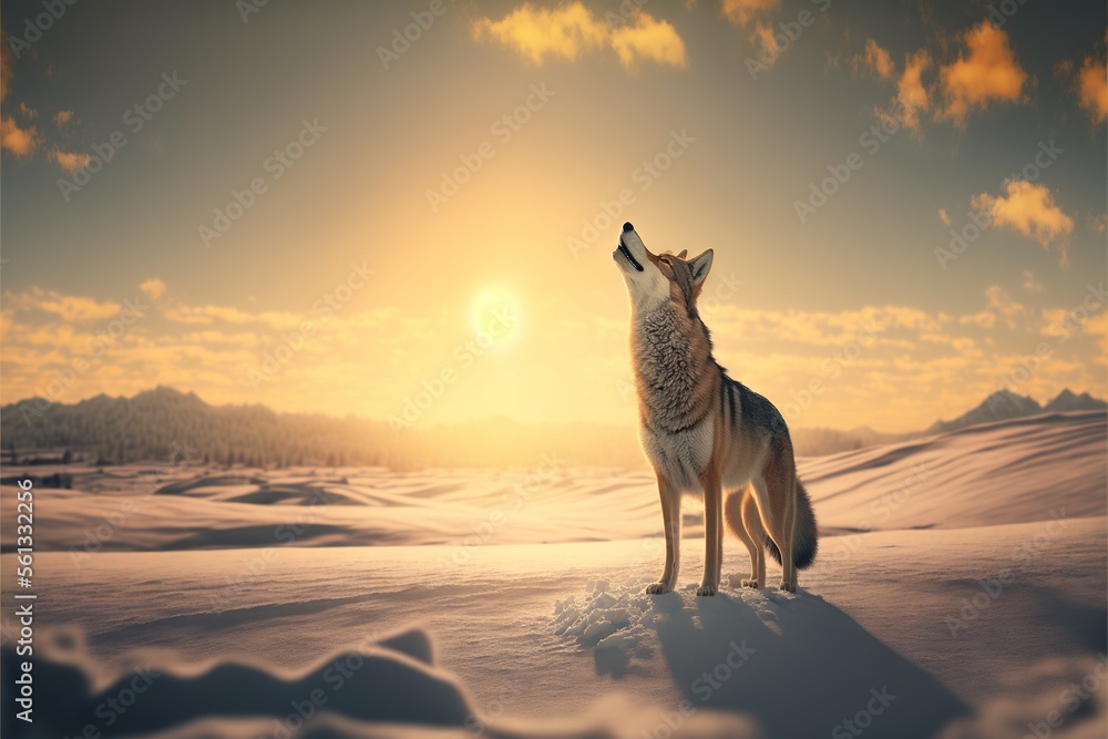 Aufkleber a wolf standing in the snow looking up at the sun in the sky with clouds in the background and a mou