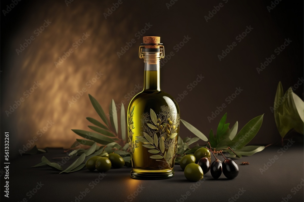 Poster a bottle of olive oil with olives and leaves around it on a table with a dark background and a light