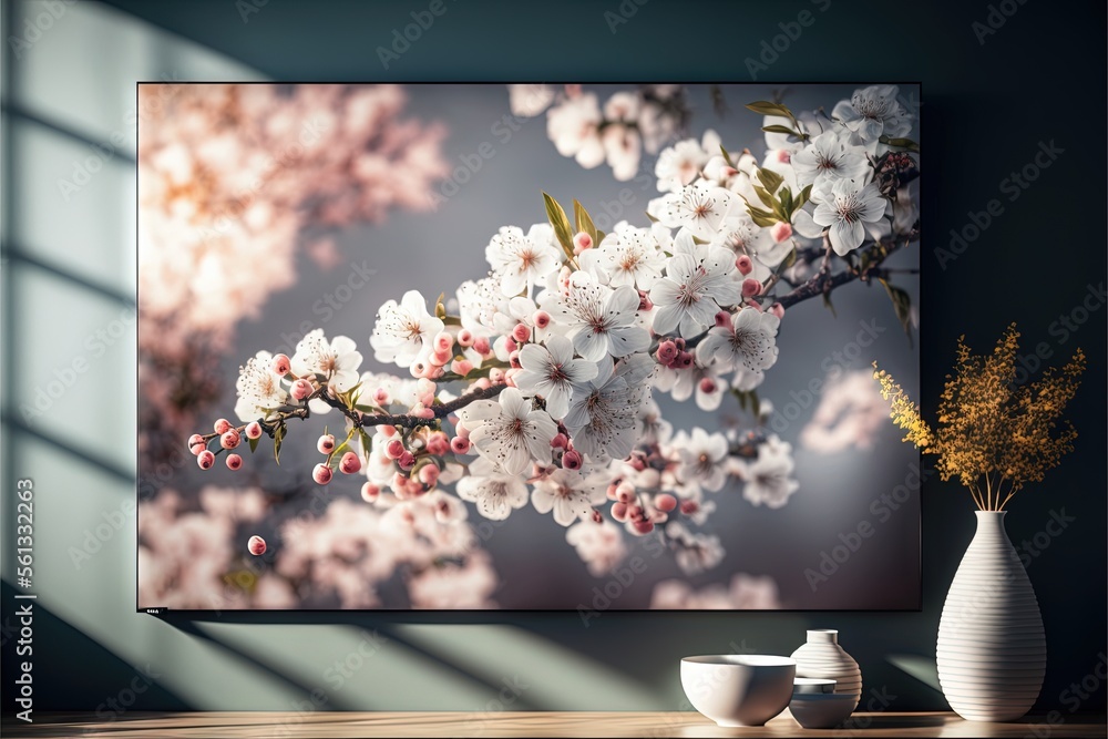 Poster a vase with flowers on a table next to a picture of a tree with white flowers on it and a vase with 
