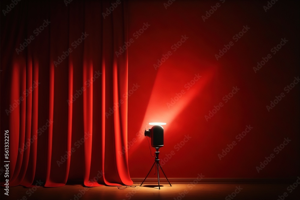 Poster a spotlight shines brightly on a red curtained room with a camera on a tripod in front of it, with a