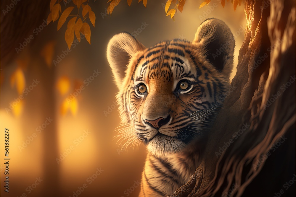 Poster a tiger is looking out from behind a tree in the woods with leaves on it's branches and a yellow lig