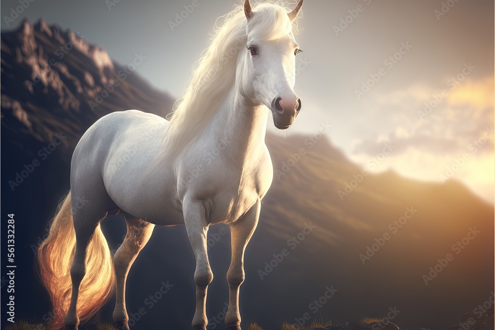Poster a white horse standing on a hill with a mountain in the background and a sky with clouds in the back