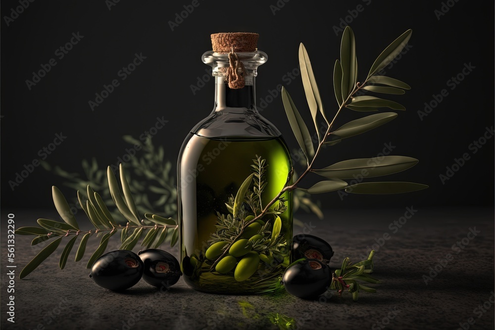 Poster a bottle of olive oil with olives and leaves around it on a table with a black background and a gree
