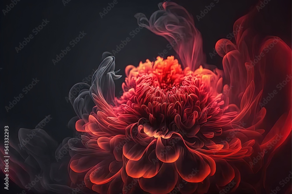 Poster a red flower with smoke coming out of it's center and a black background with a red center and a red