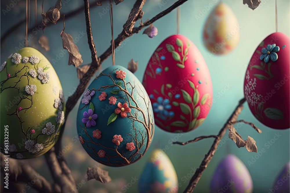 Poster a tree with some colorful eggs hanging from it's branches and a sky background with flowers and leav