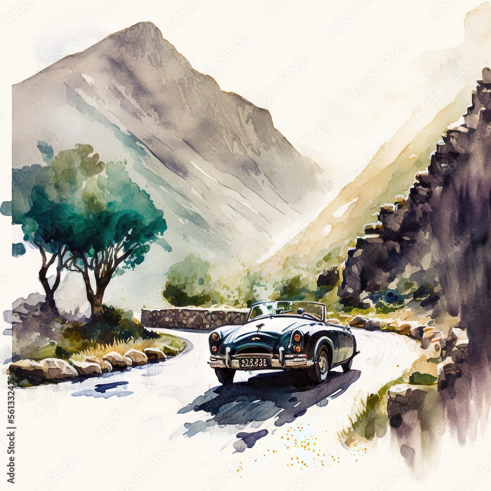 Poster a drawing of a car driving down a road in the mountains with a tree on the side of the road and a mo