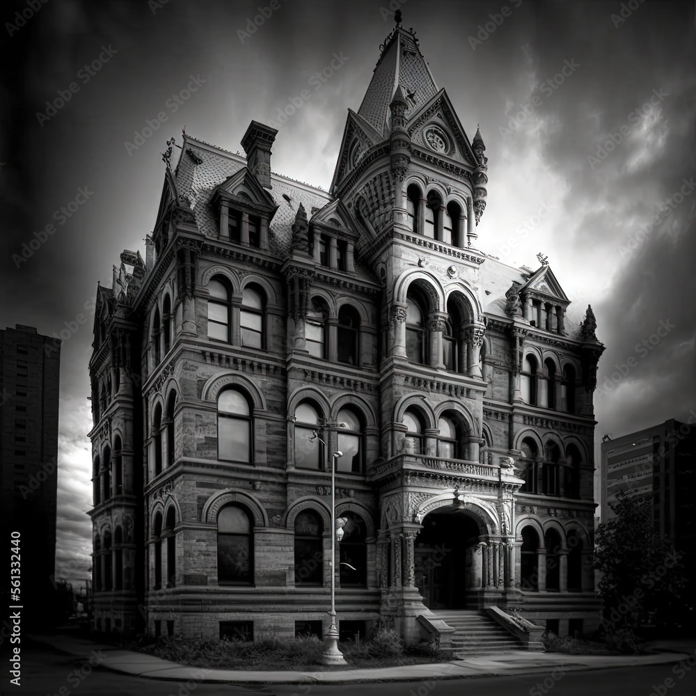 Poster a large building with a clock tower on the top of it's roof and a cloudy sky above it, with a street