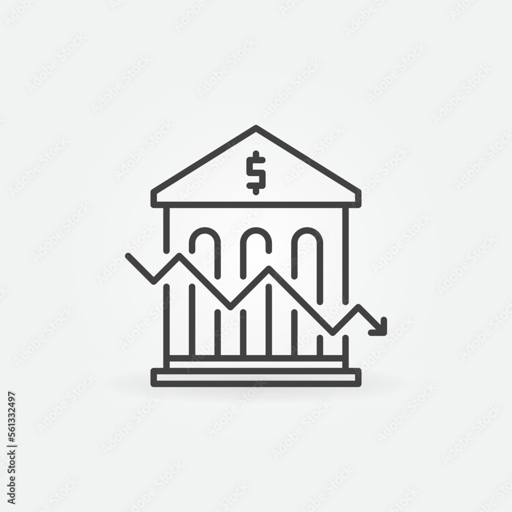 Poster falling graph with bank building vector inflation linear icon or symbol