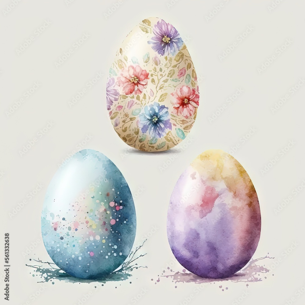 Poster three painted eggs with flowers on them, one is blue and one is pink and the other is green and whit